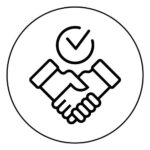 black and white graphic of a handshake and a circle with a check